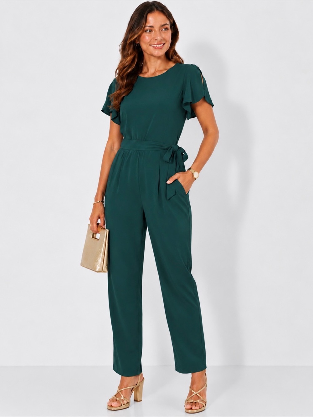 Calvin Klein Emerald Green Short-Sleeve Belted Jumpsuit 6